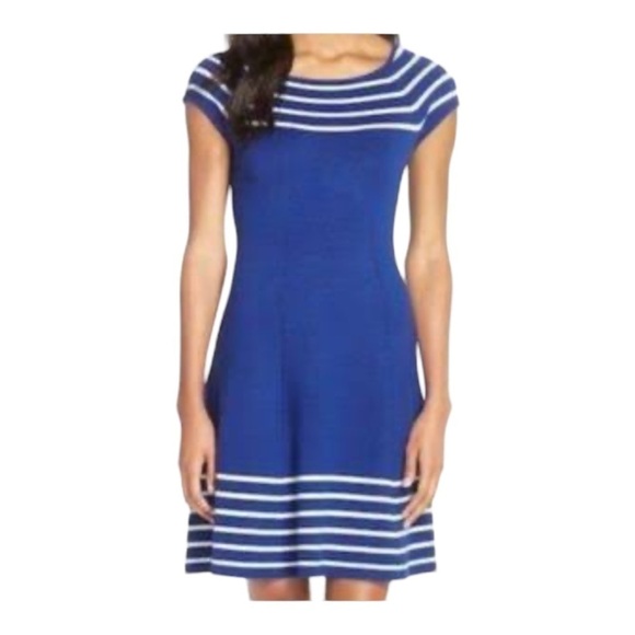 ELIZA J Coral White Striped Knit Cap Sleeve Fit n Flare Mini Dress Size 4 - Picture 3 of 8